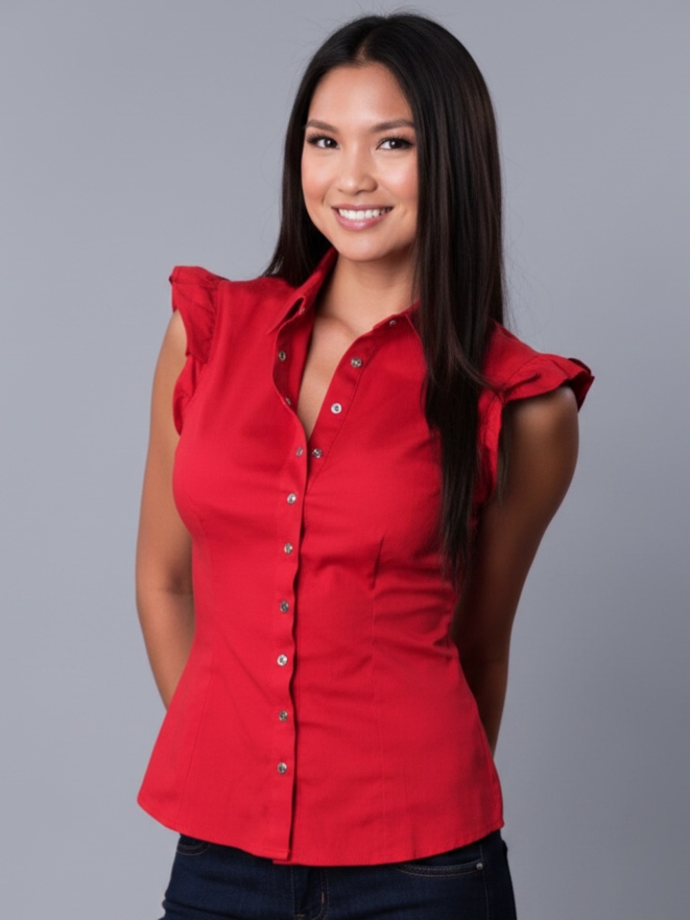 Dereon Y2K Red Poplin Stretch Snap Front Ruffle Sleeve Top Shirt L